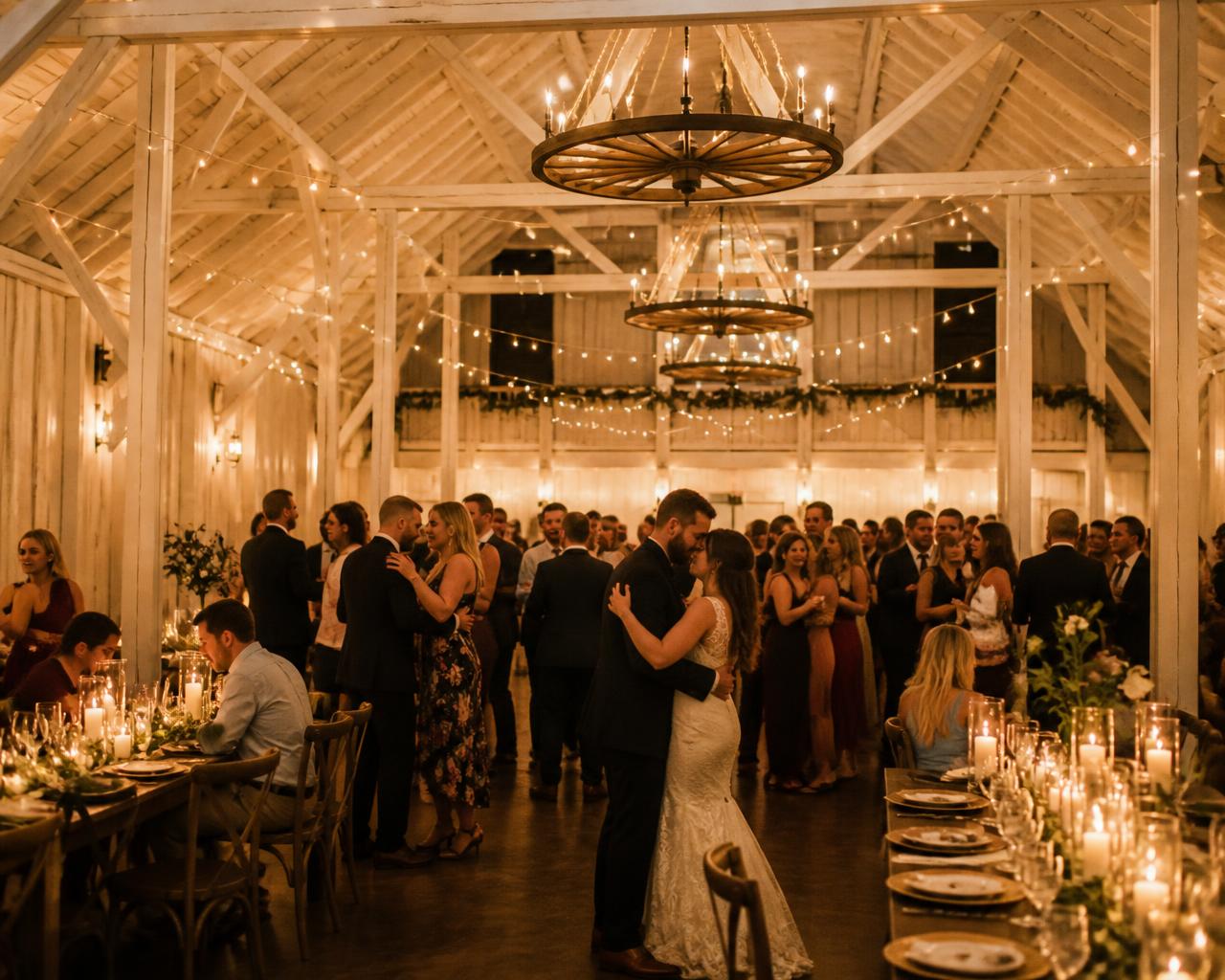 Guests dancing in the barn under string lights and wagon-wheel chandeliers