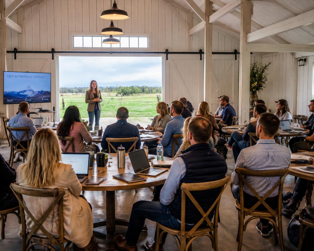 Corporate retreat meeting inside the barn with open doors to the pasture