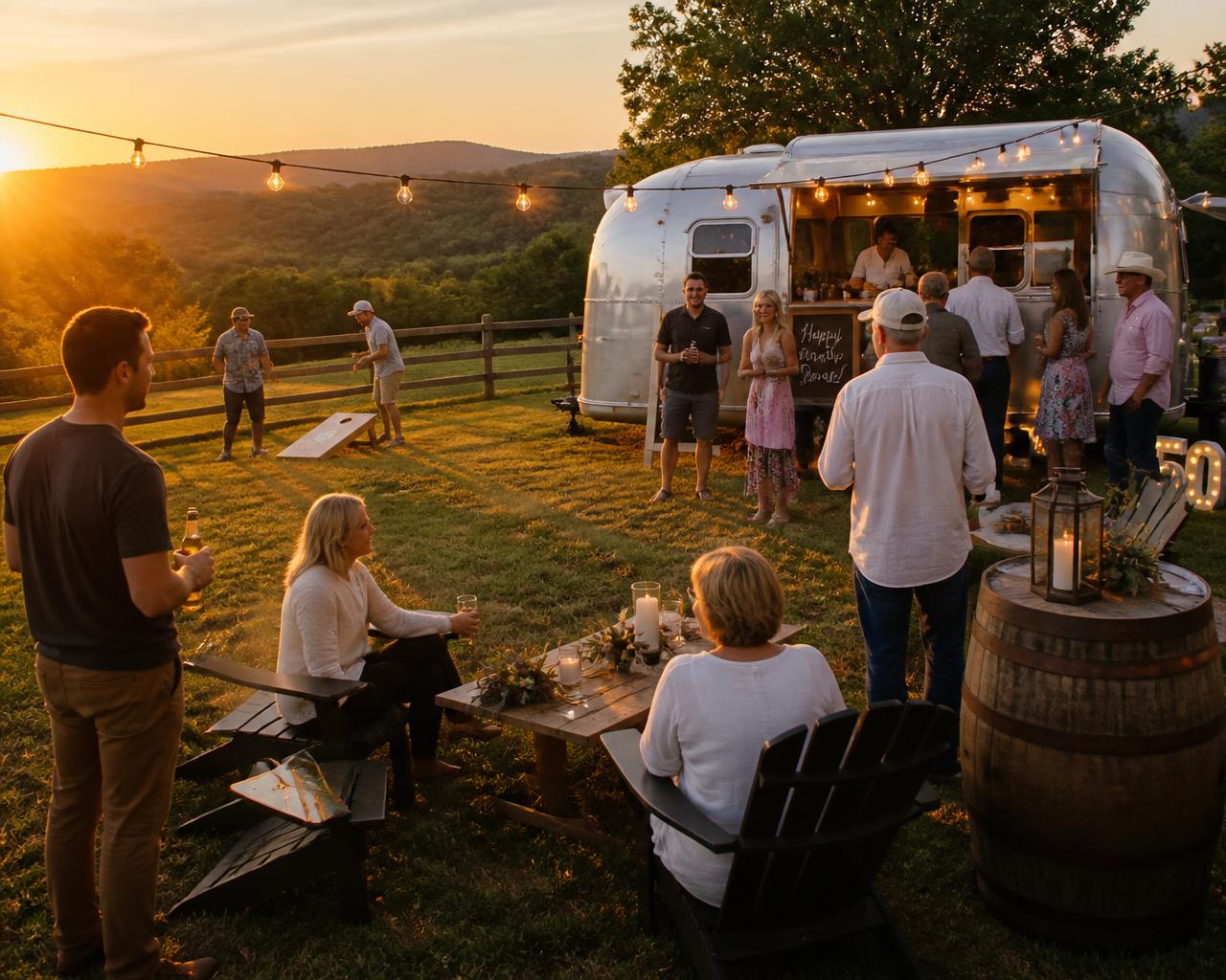 Private party on the ranch lawn beside the Airstream bar at sunset