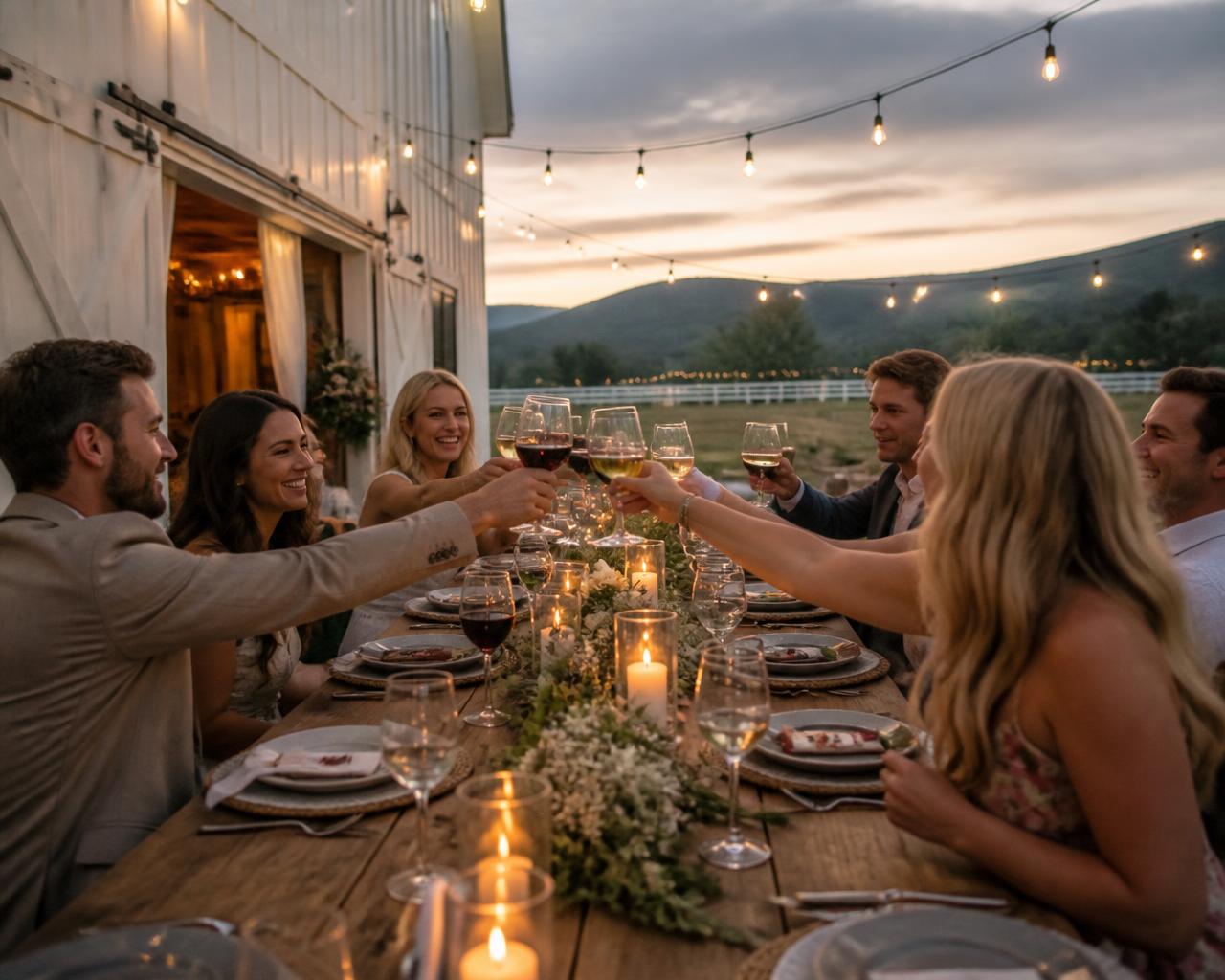 Rehearsal dinner toast at a long table beside the barn at dusk