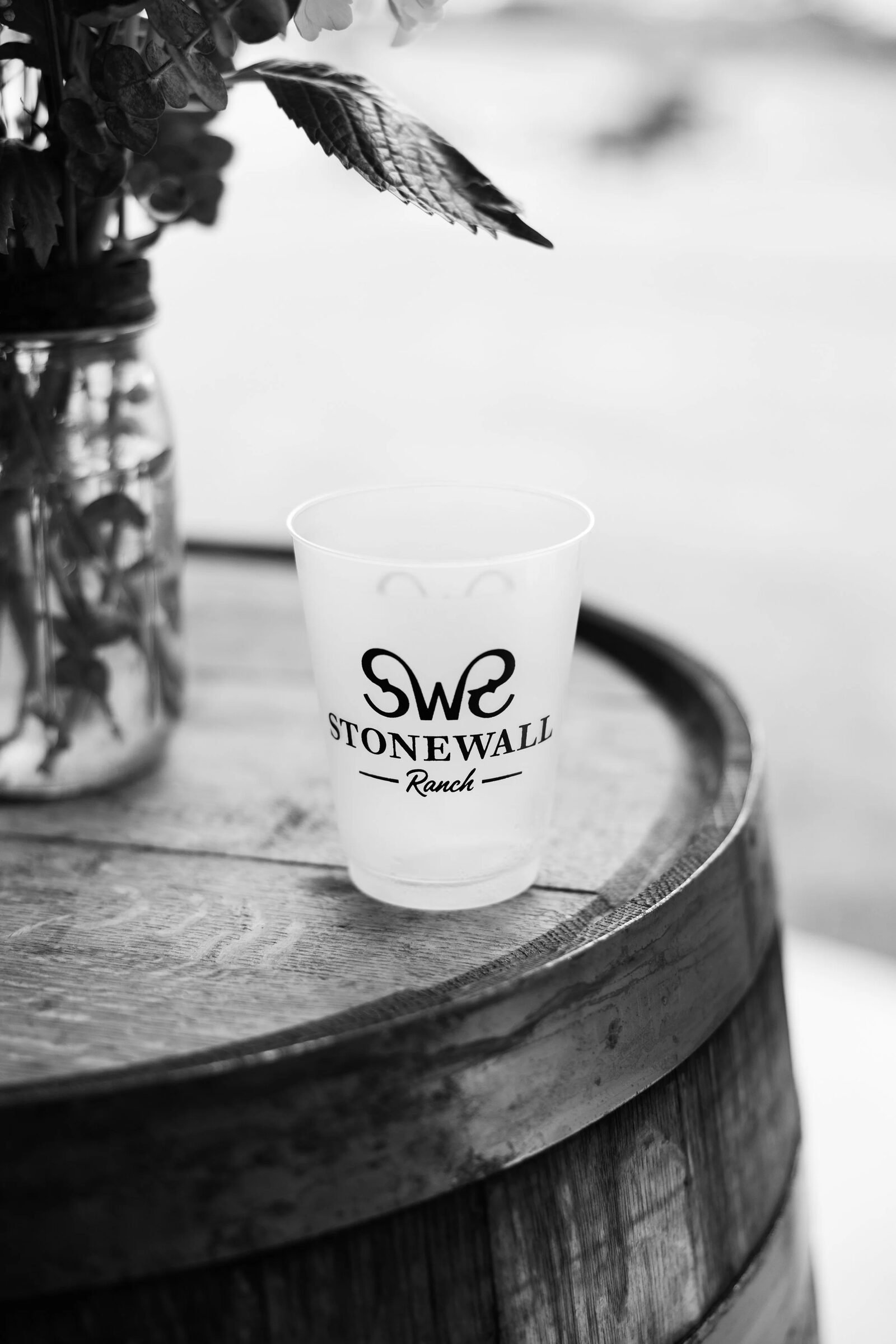 Monogrammed cups laid out for guests at Stonewall Ranch