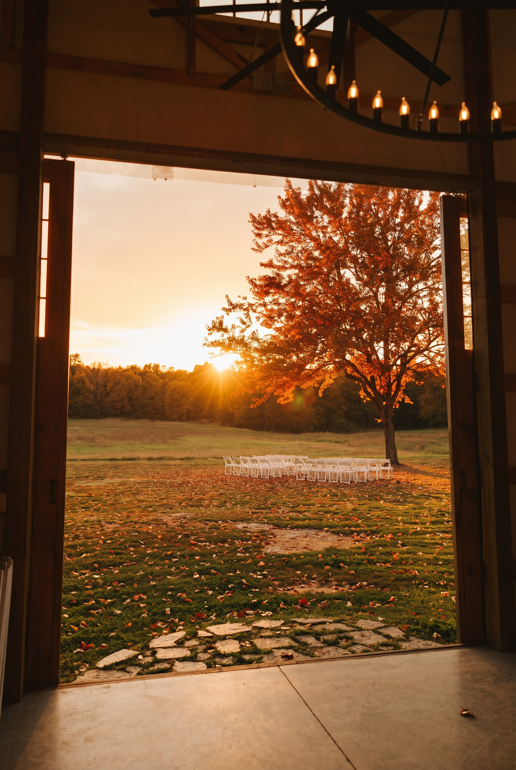 Autumn sunset through the open barn doors with a blazing orange tree