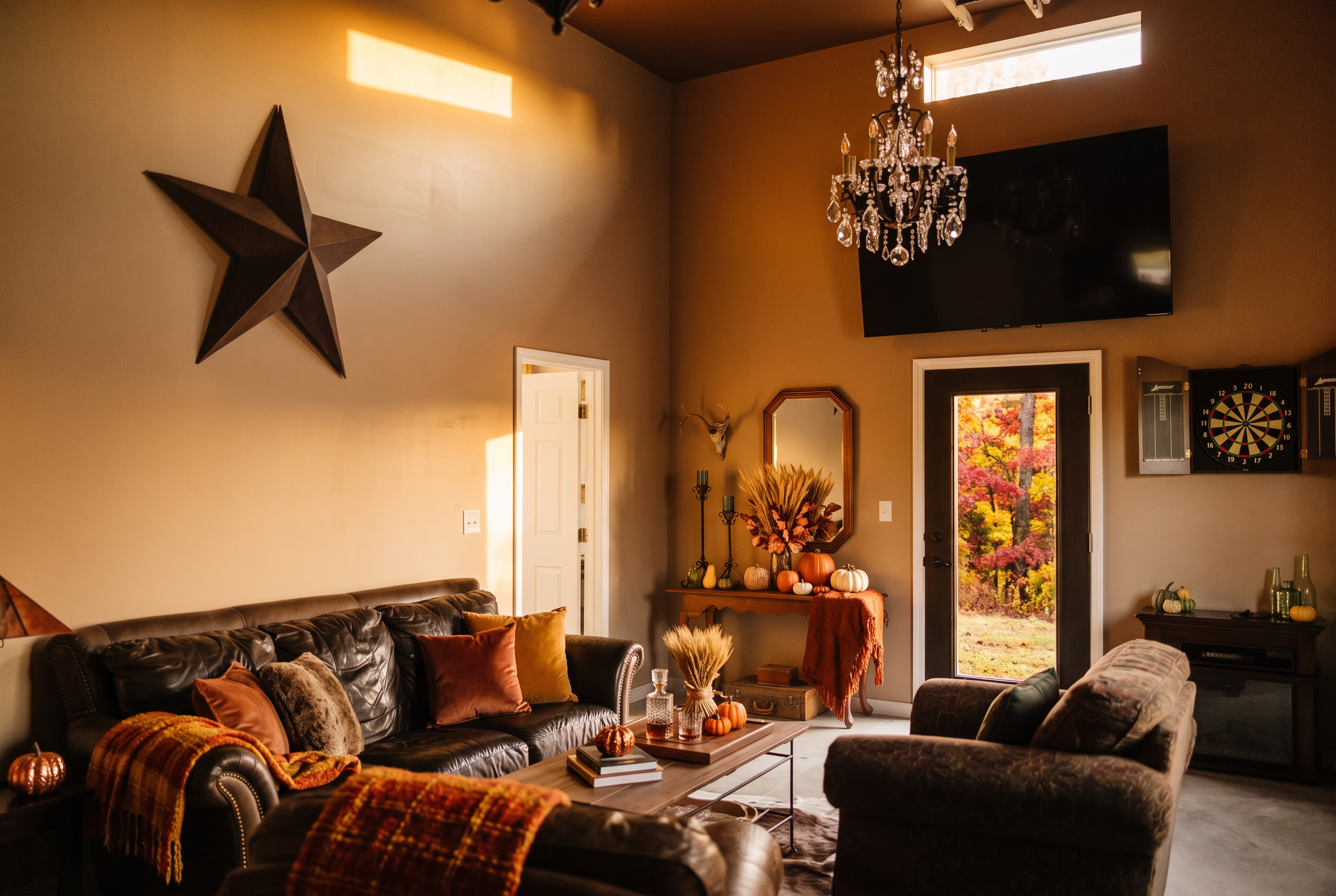 Groom's suite styled for fall with rust textiles, wheat and pumpkins