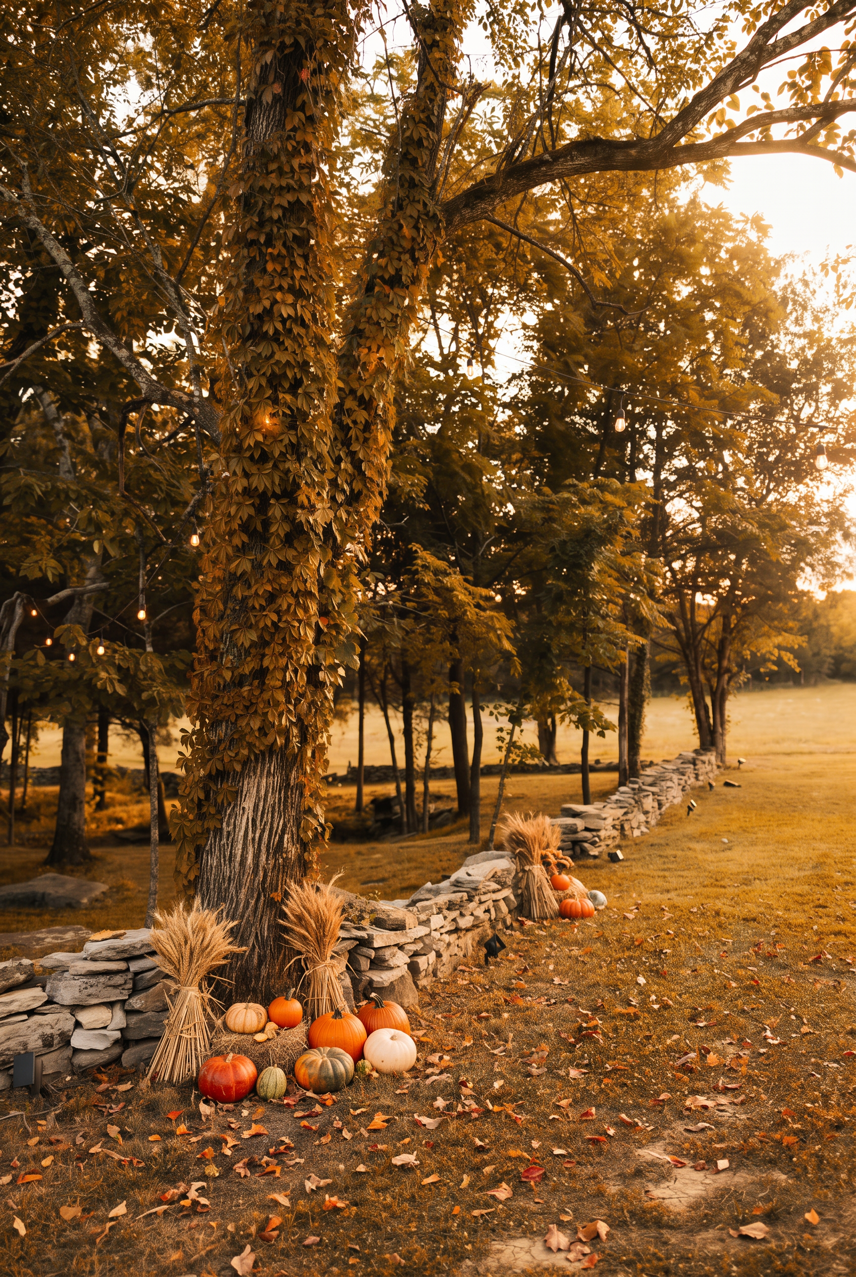 Historic stone wall with pumpkins, wheat and copper leaves at golden hour