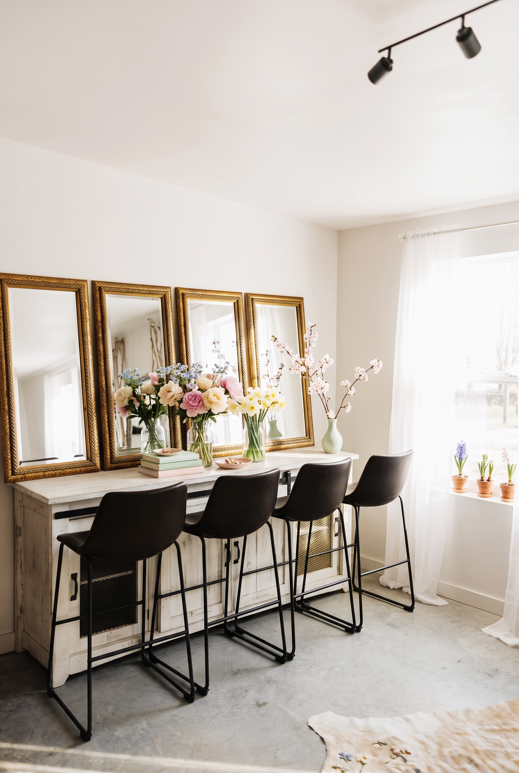 Bridal vanity styled with fresh spring blooms and morning light
