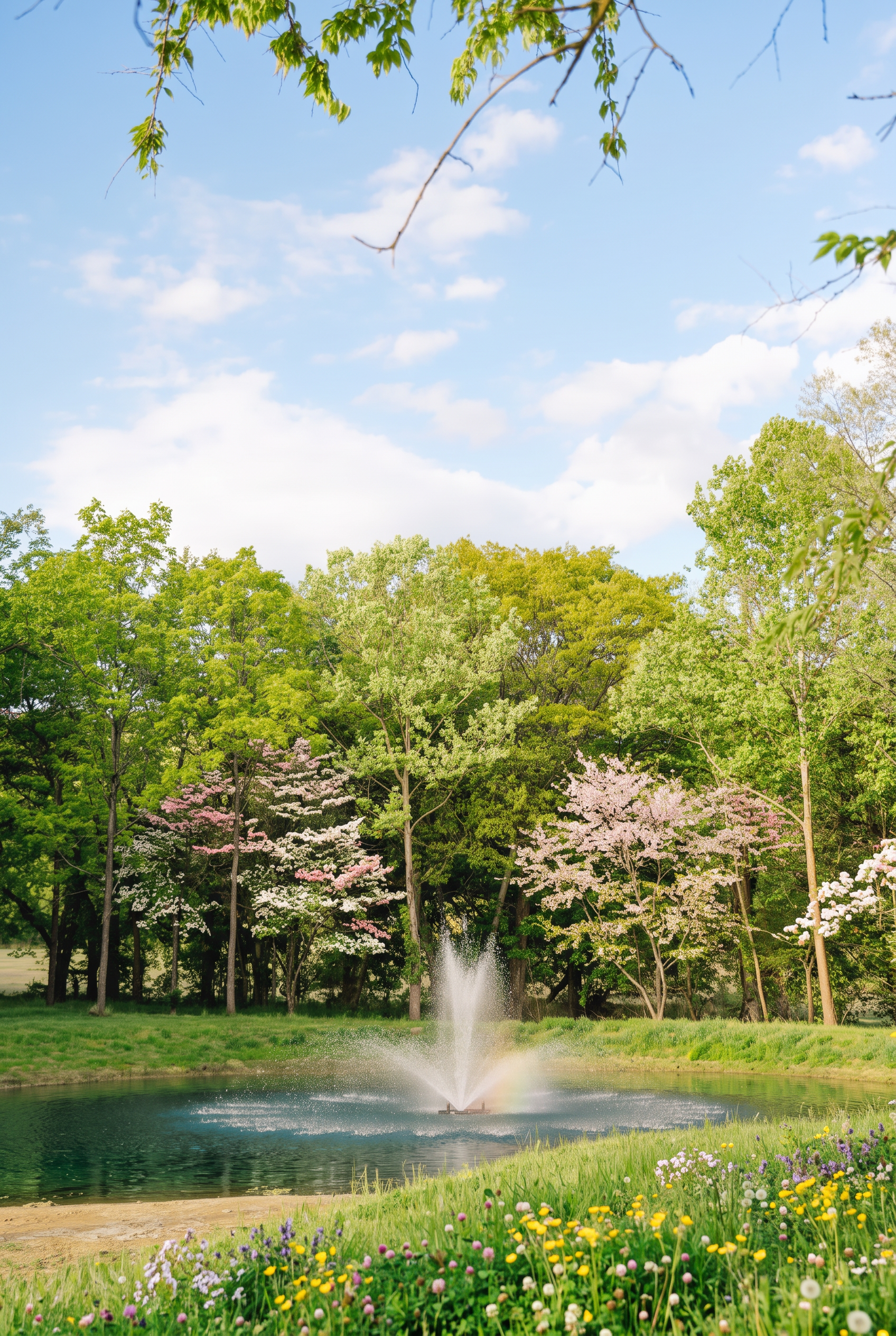 Ranch pond and fountain framed by dogwood blossoms in spring