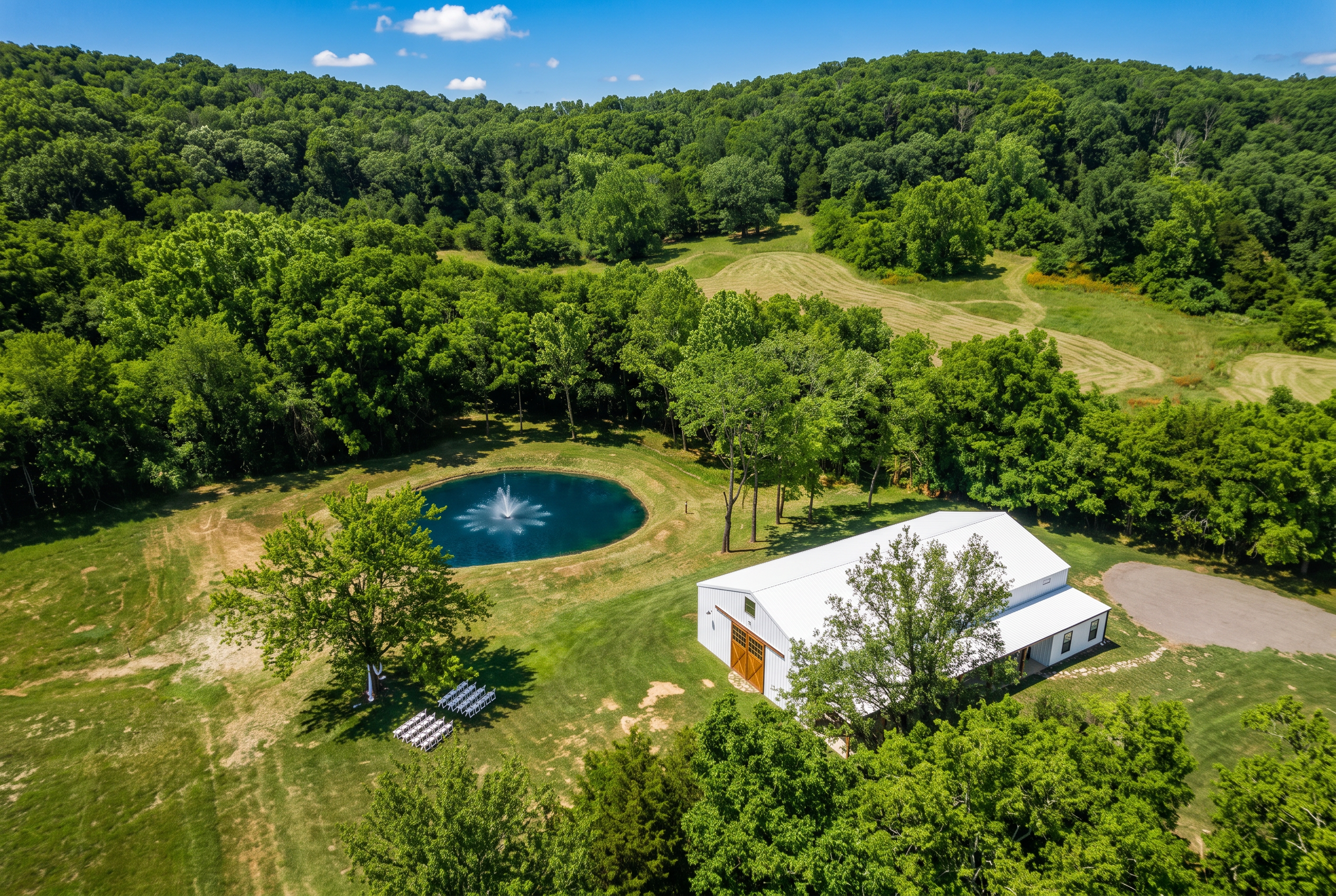 Aerial view of the ranch in lush high summer green