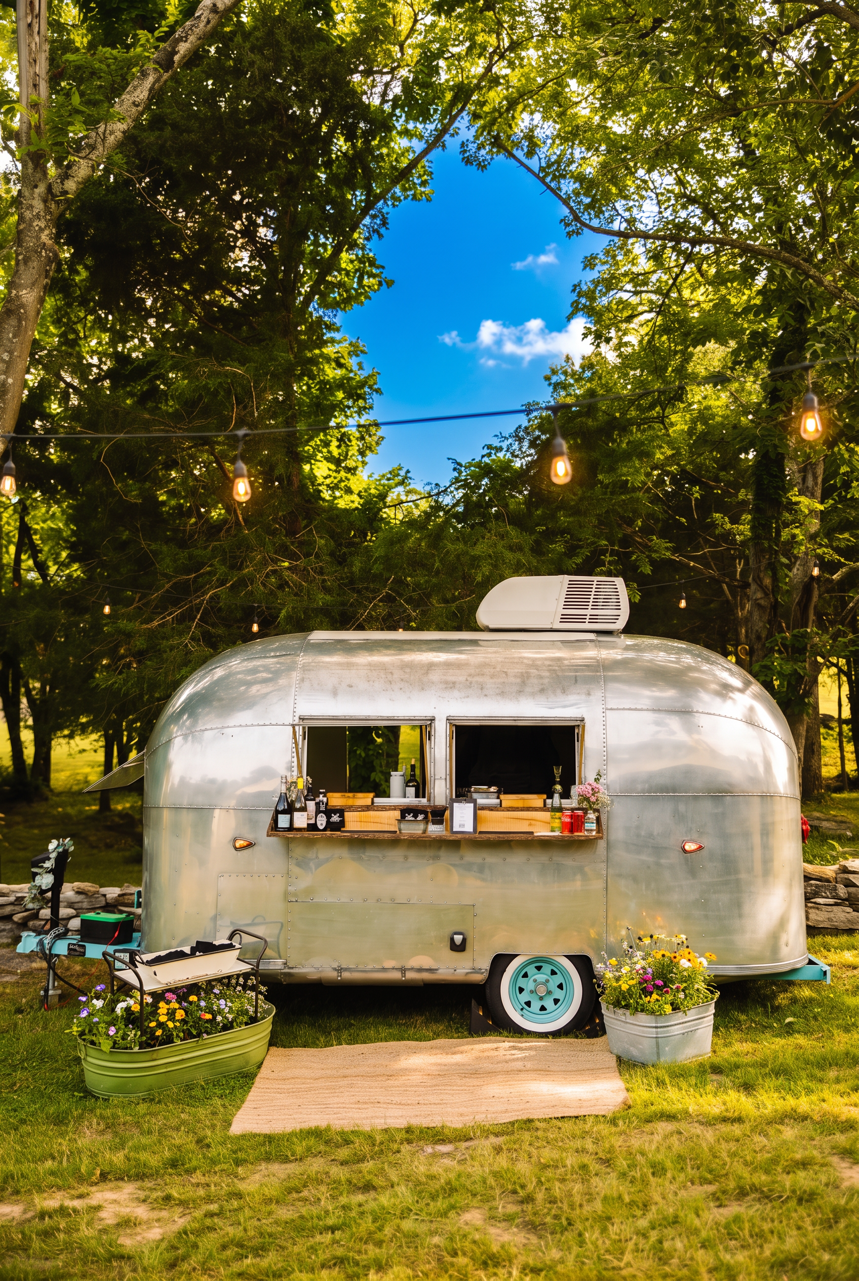 Airstream Bambi bar under summer shade trees and string lights