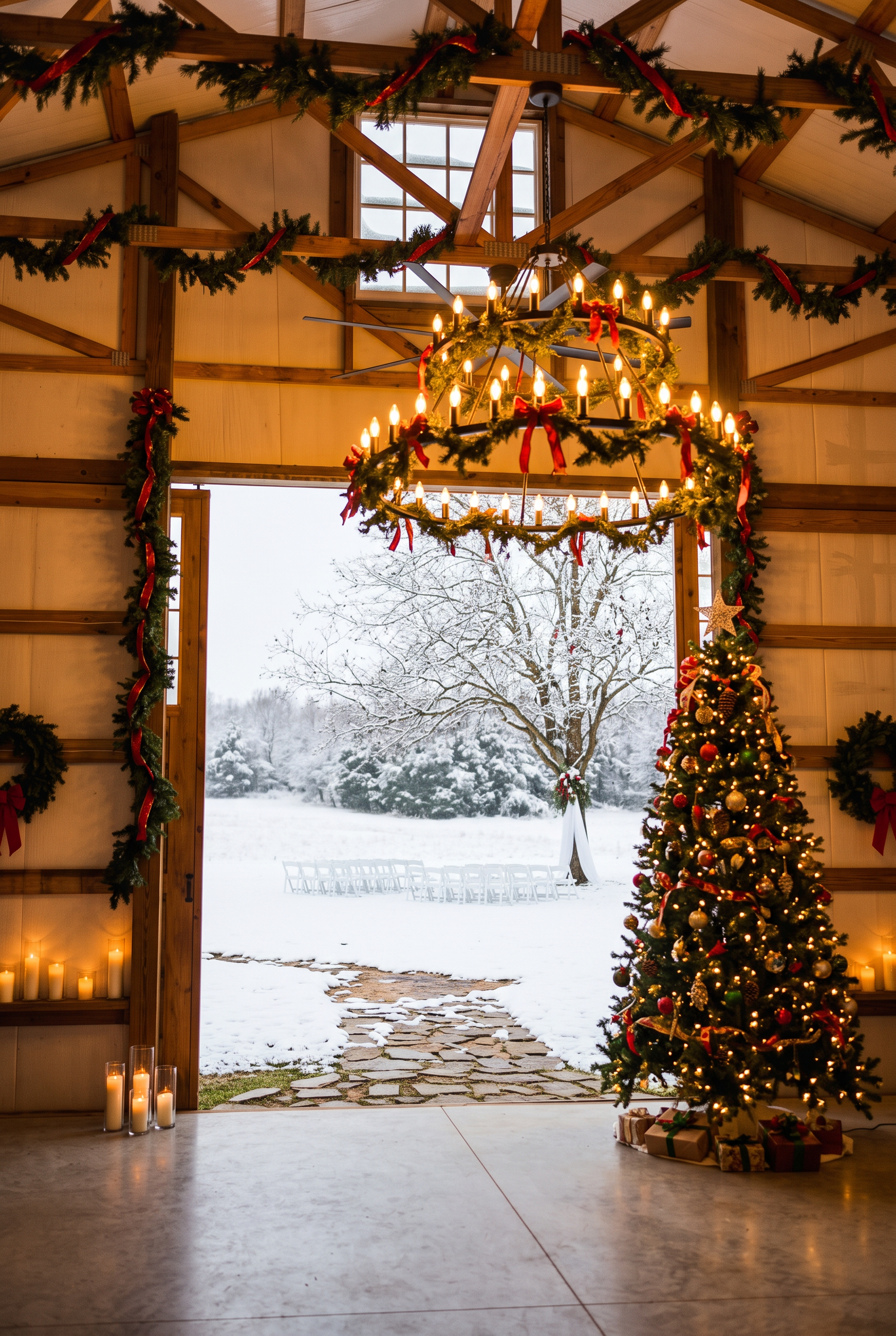 Barn interior dressed for Christmas with garland, candles and a decorated tree