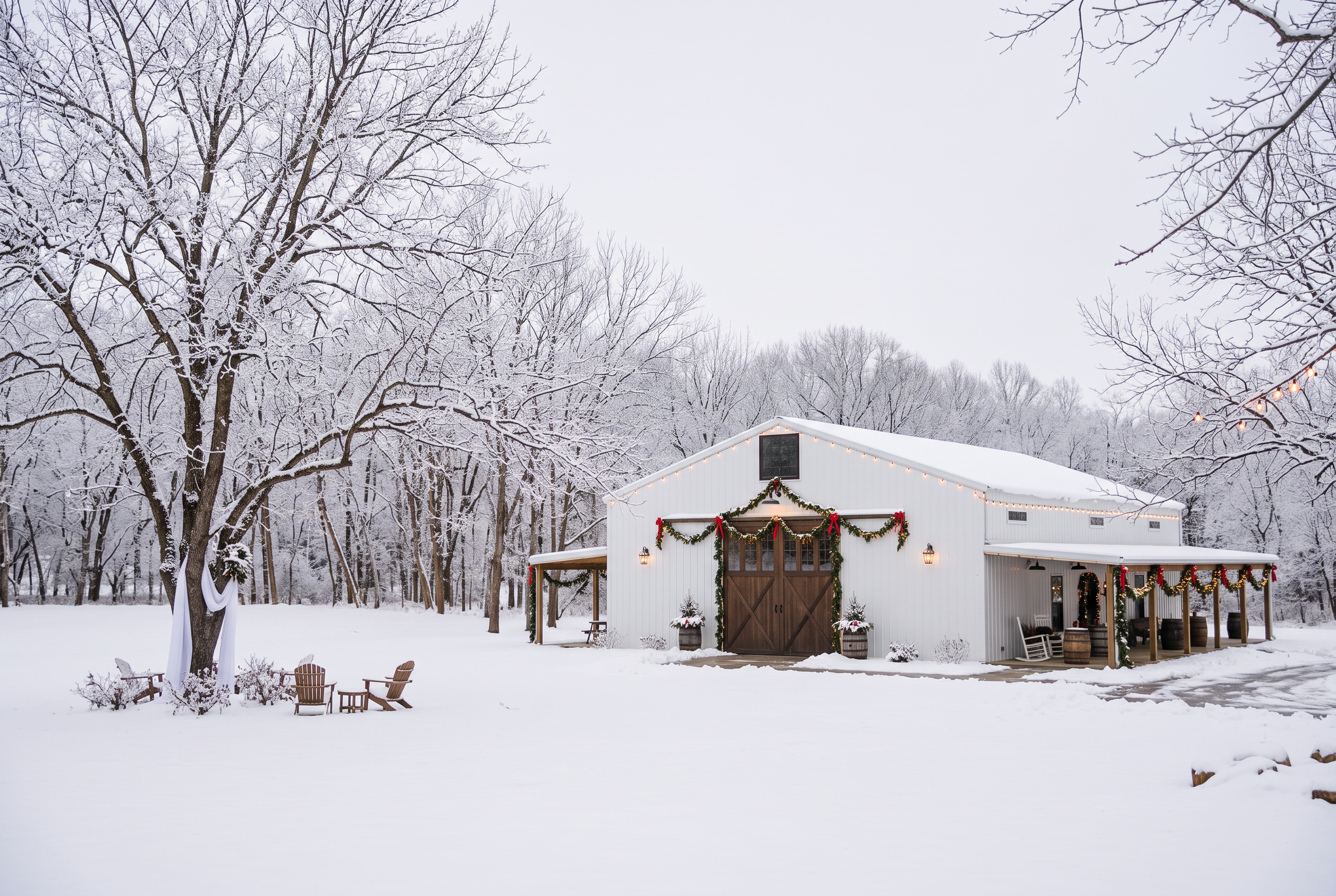Stonewall Ranch barn under fresh snow with Christmas garland and lights