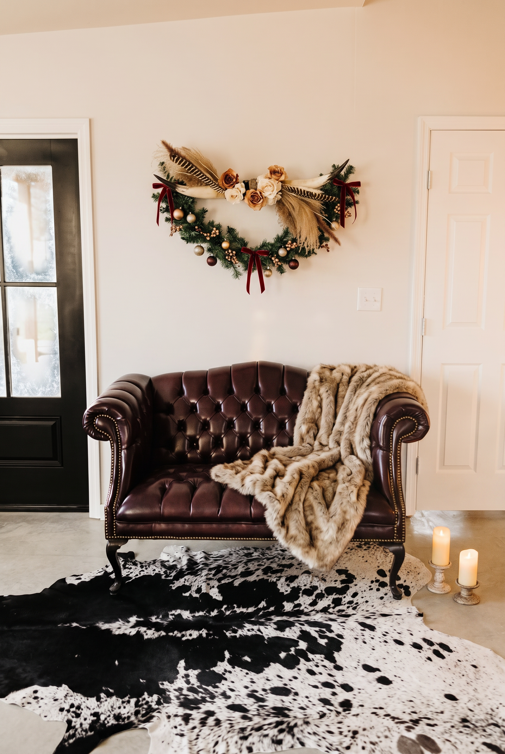 Bridal suite styled for the holidays with velvet ribbon, fur throw and candlelight