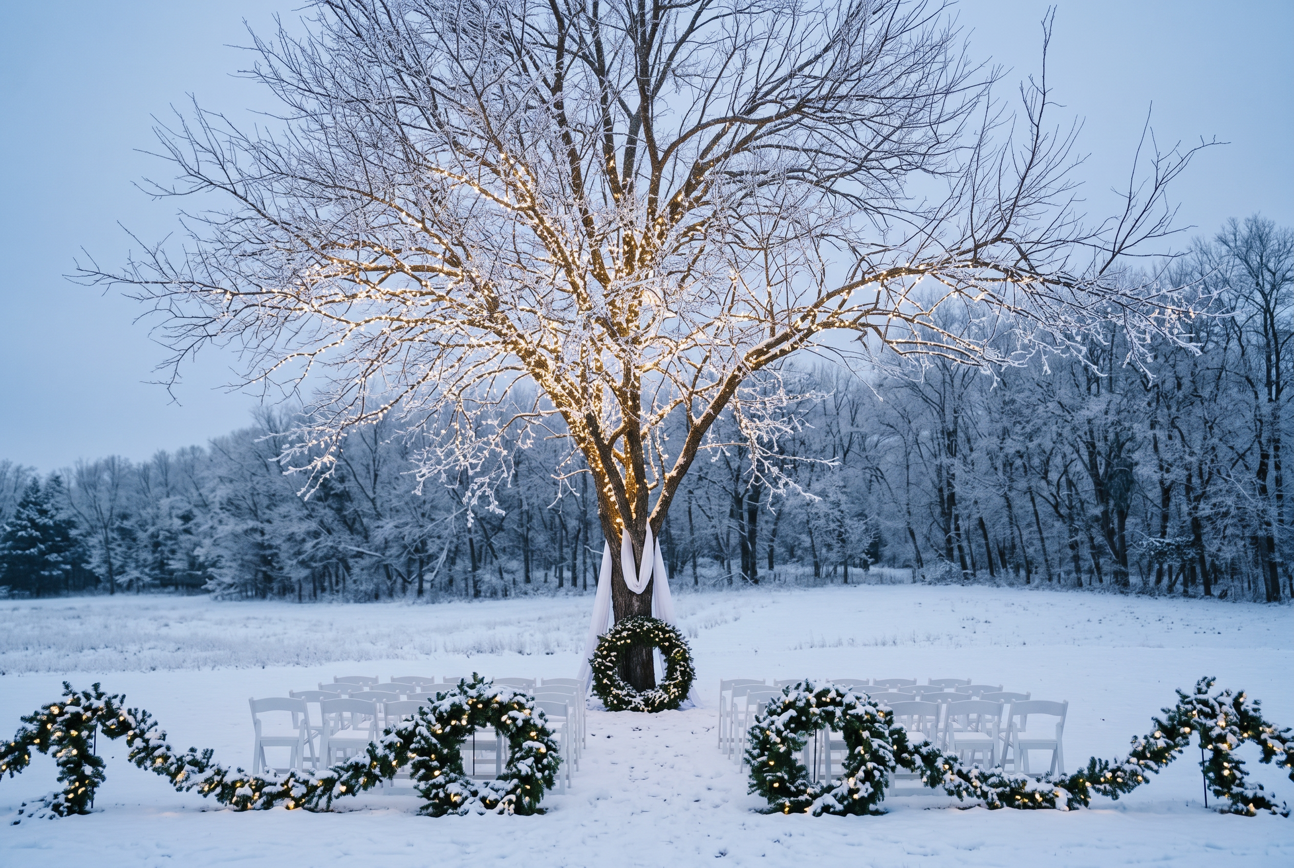 Snowy winter ceremony beneath the heritage tree with evergreen wreaths